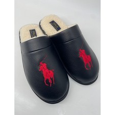 Polo Ralph Lauren Slippers Men 9 Black Irving Leather House Shoe Big Pony Preppy