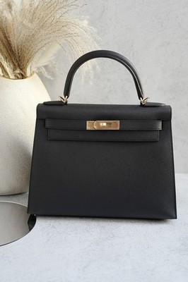 Hermes Kelly Sellier 28 Black Epsom Leather Permabrass Hardware B