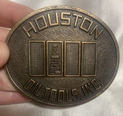 Vintage HOUSTON OIL TOOLS INC. RJ Brass Western Belt Buckle Texas Petroleum 