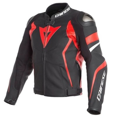Dainese Leather Motorcycle Racing Jacket Black Red Back Hump Armor Biker