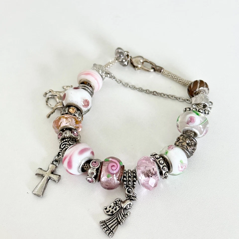Pink Themed Silver Tone Murano Glass Beads Silver Tone Charm Bracelet 7.75" - Image 3 of 4