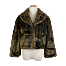 CEJON Faux Fur Jacket Short Length Brown Black Hidden Fasteners Not Worn Size XL