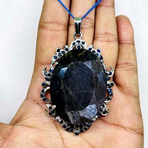 71 Gms Certified Natural Sapphire Huge 925 Sterling Silver Exquisite Pendant - 第 8/14 張圖片