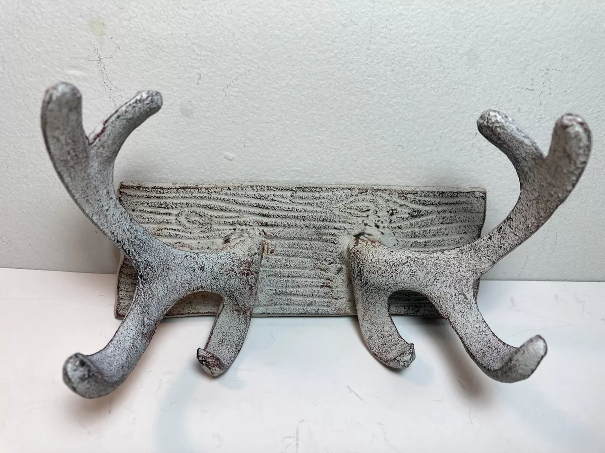 Rustic Cast Iron Deer Antlers Wall Hooks Antique White 6.75” Western  Country