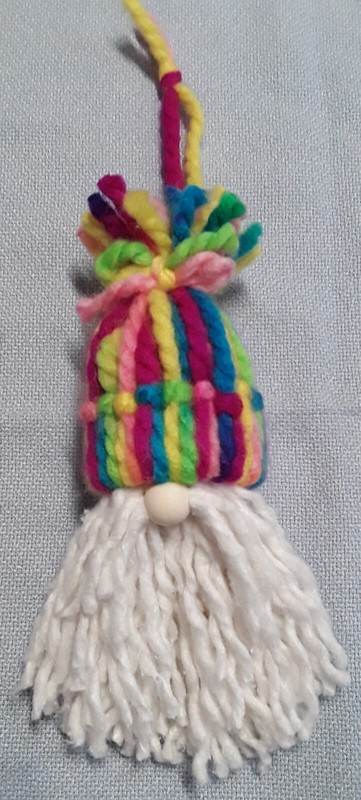 New Handmade Yarn / Cotton Gnome Christmas Tree Ornament w/Rainbow Hat
