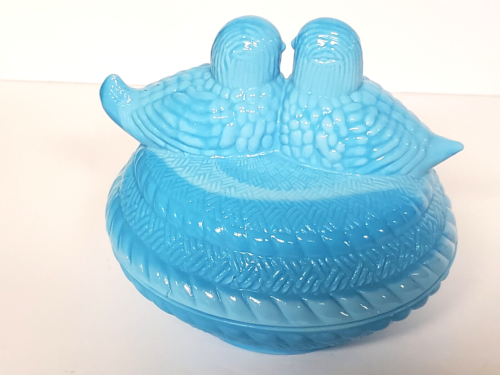Blue Milk Glass Love Birds On Nest Candy Dish Bowl Vintage - Picture 2 of 10