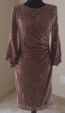 MORGAN & COMPANY WOMENS SIZE 5 DRESS WITH LACE, SEQUINS AND FLUTTER SLEEVES BEIG