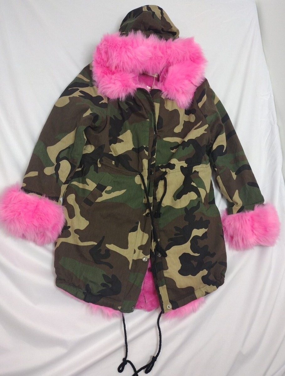 Roiii Women Pink Camo Warm Winter Coat Hood Down Parka Faux Fur Outdoor  Overcoat