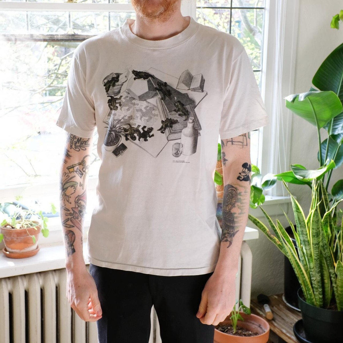 Vintage 90s M.C. Escher Reptiles White Art Tee by Oneita, Single 