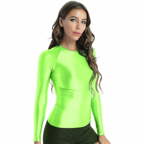 Women's Shiny Shirts Long Sleeve Crop Top Stretchy Slim Fit Yoga T-shirt Blouse - Picture 92 of 101