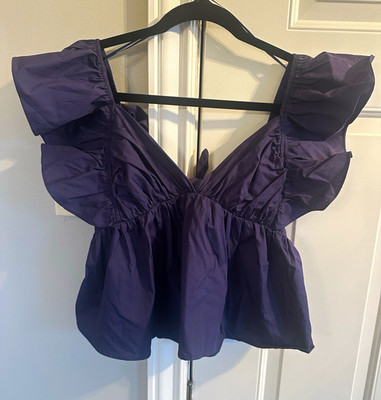 day + moon Purple Solid Woven Ruffle Bow Back Sleeveless Pullover Top S A1967