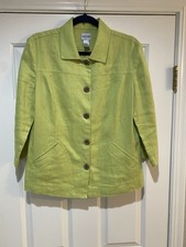 Chico s Lime Green 100 Linen 3/4 Sleeve 5-Button 2 Pocket Light Jacket, Size 1