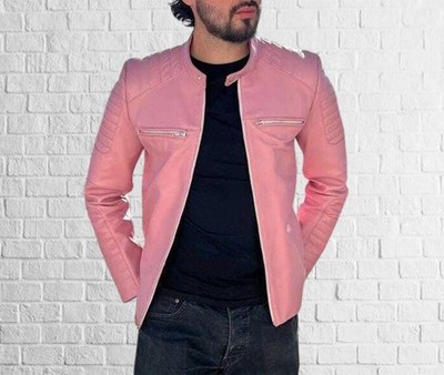 Cool Fit Style: Pink Lambskin Zipper Leather Jacket for Everyday Looks