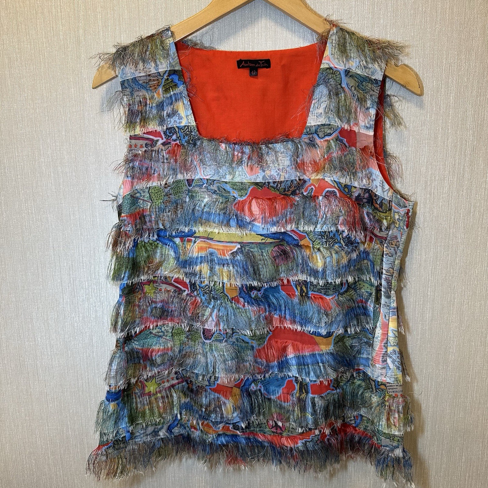 Rare French Aventures des Toiles sleeveless fringe Top size 42. FAB!