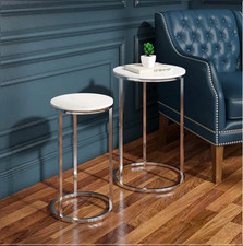 High Gloss Set of 2 Coffee Nest Tables Side End Table White With Chrome Legs