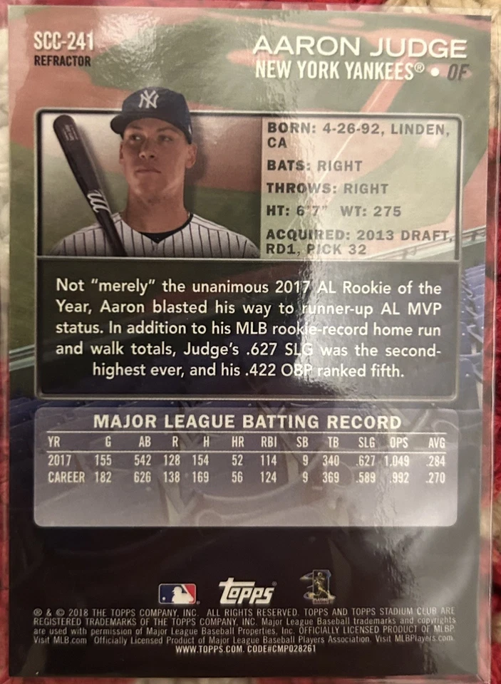 2018 Stadium Club #SCC-241 Aaron Judge Chrome Refractor NY Yankees Short Print  - Image 2 of 2