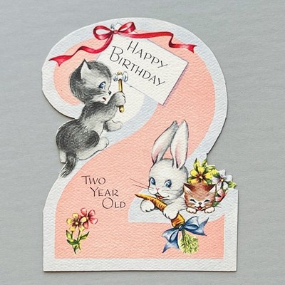 1947 Diecut Numeral 2 Kittens Bunny Rabbit Cats BABYS 2nd BIRTHDAY GREETING CARD