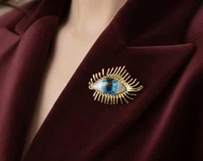 Evil Eye Brooch Pin Zara Devil Gothic Gold VTG Turkish Lucky Ethnic Boho Glazed