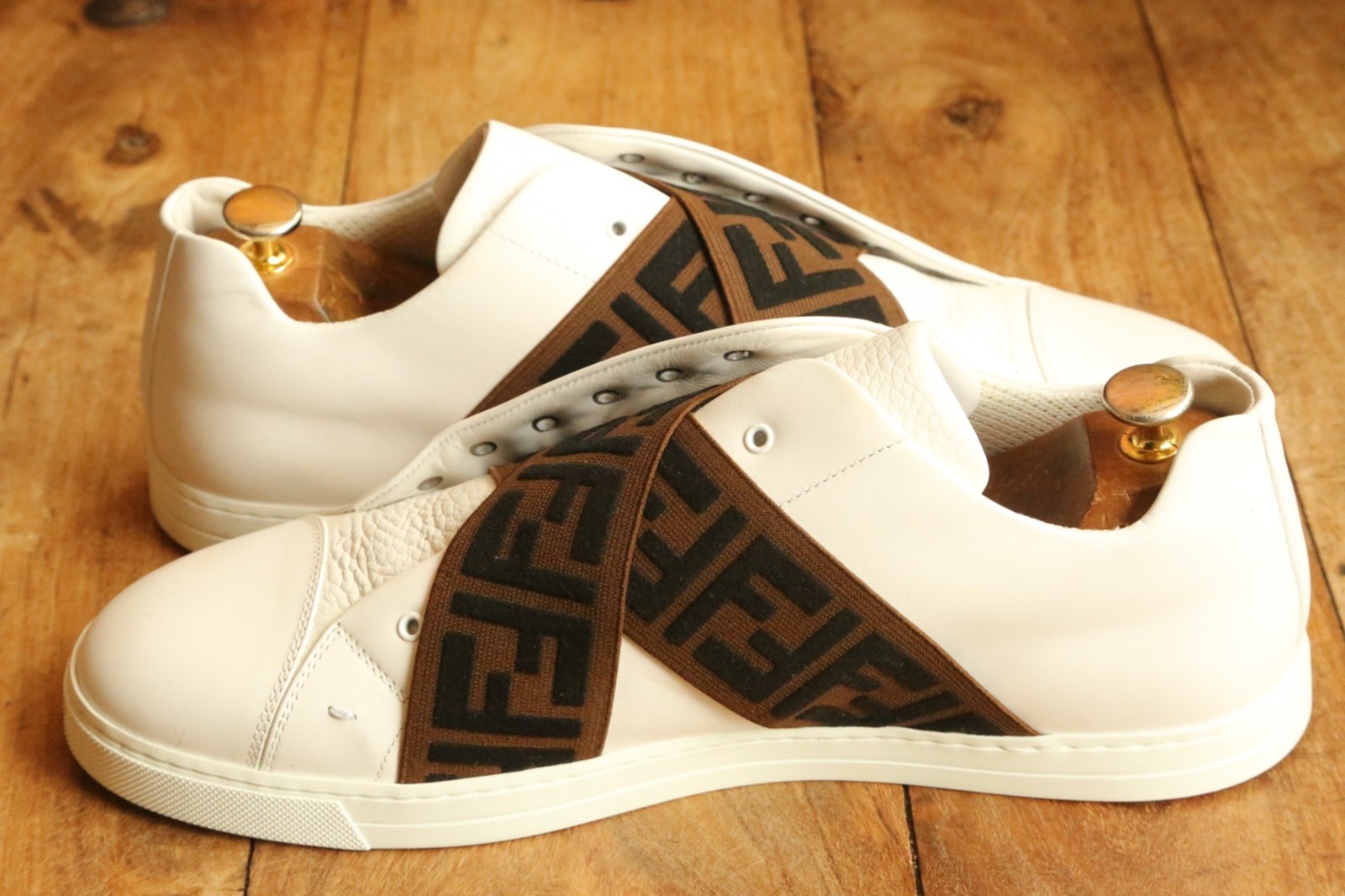 Fendi FF White Leather Brown Canvas Shoes Trainers Sneakers UK 12 US 13 EU 46 thumbnail 6