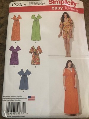  SIMPLICITY #1375 - LADIES EASY (5 STYLE) TWO LENGTH DRESS PATTERN  XXS-XXL FF