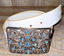 Diesel Vtg Y2K Italian White Leather Belt w/ Filagree Buckle Faux Aquamarine