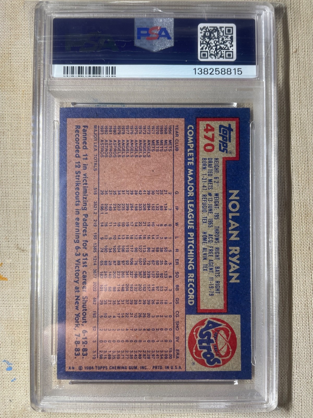 Topps 1984 Nolan Ryan #470 Houston Astros Baseball Card PSA Graded view 3
