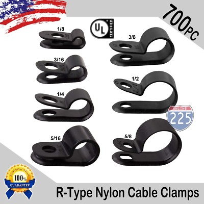 Bulk Pack Of 700 Black Nylon R-Type Cable Clamps - Sizes 1/8" To 5/8" (100 Each)