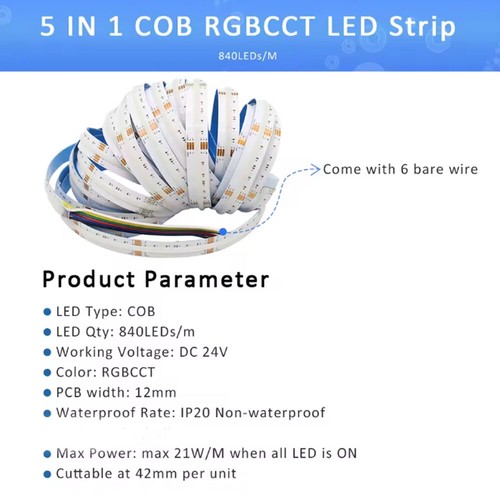 RGB+CCT LED Strip lamp cob CW+RGB+WW RGBW RGBWW flexible Led Tape Light 12V 24V - Picture 4 of 13