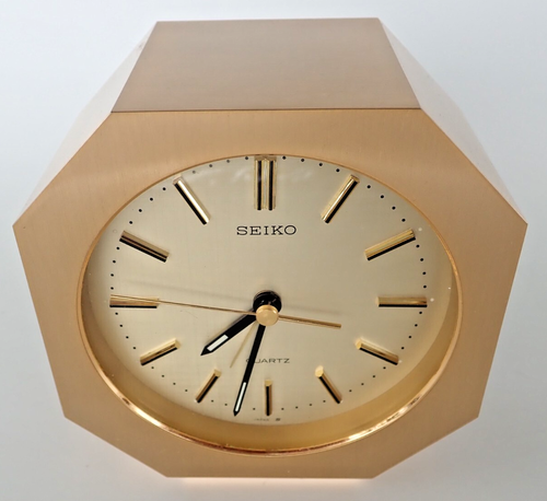 VINTAGE Seiko JAPAN OCTAGONAL METAL brushed gold tone ALARM QUARTZ Clock