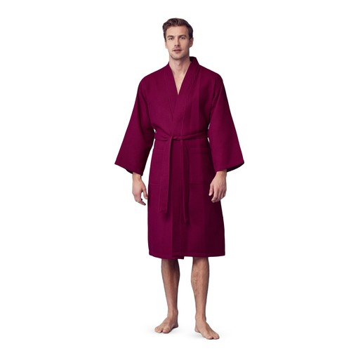 Bata de baño Lotus de lino para hombre con patrón cuadrado de gofres ropa de spa con 2 bolsillos delanteros - Imagen 73 de 95