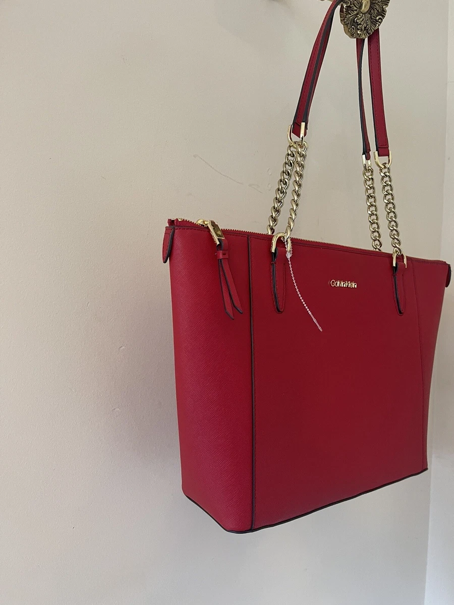 Calvin Klein Hayden Saffiano Leather Large Tote Red Gold Chain Handles