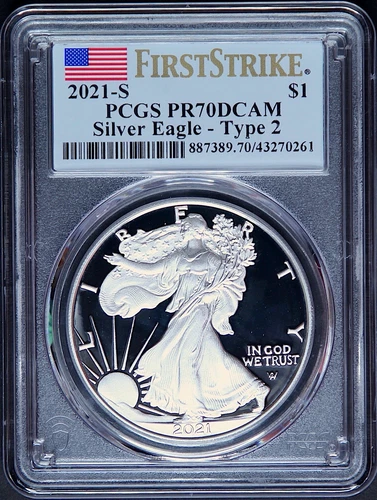 2021 S Type 2 American Silver Eagle PCGS PR70 DCAM FS Landing Eagle Flag Label