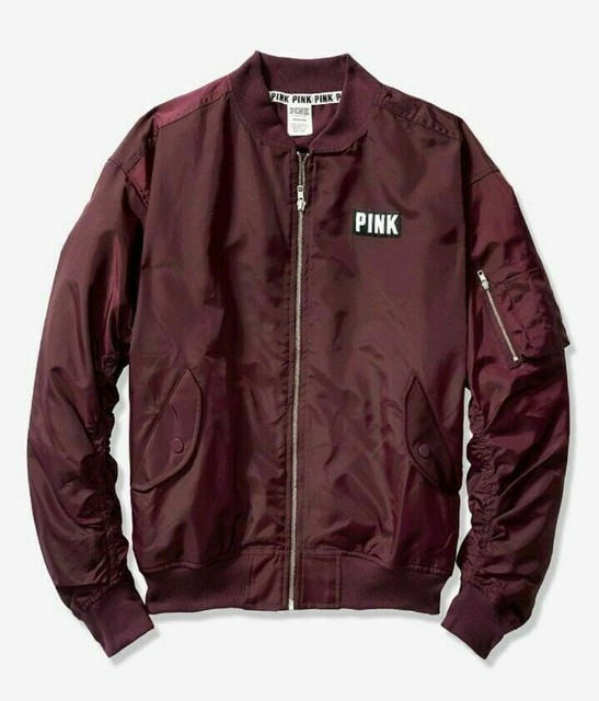 NWT Victorias Secret PINK Flight Bomber Jacket Full Zip Coat Black Sz M eBay