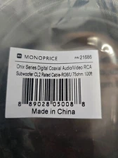 Monoprice Onix Digital Coaxial Audio RCA Subwoofer CL2 Cable RG6/U 75ohm 100ft