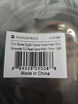 Monoprice Onix Digital Coaxial Audio RCA Subwoofer CL2 Cable RG6/U 75ohm 100ft
