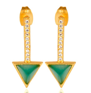Authentic Gold Plated Pave Cz Zircon Arrow Shape Dangle Earrings With Triangle Green Onyx