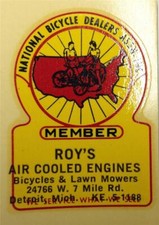 vintage National Bicycle Dealers Assn NBDA MEMBER DECAL Roy's Air Cooled Engines