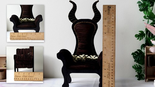 Miniature chair with horns, goth devil dollhouse furniture. Black gold luxury - Picture 11 of 12