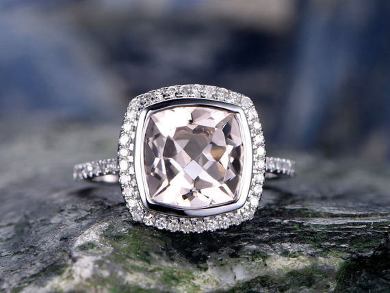 Halo Carat Morganite Ring Lab-Created Morganite Bezel Set