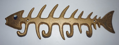 VTG Funky Cast Iron Skeleton Fish Bone Key Utensil Holder Wall Hook Rack 14''