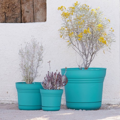 Bloem Saturn Round Planter with Saucer Tray 12" Bermuda Teal Durable Plastic Pot - Picture 6 of 9