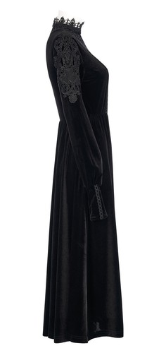 Punk Rave Women's Black Velvet Dress Vintage Lord Lace Stand Collar Long Dress - Picture 14 of 19