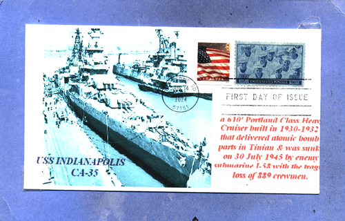 USS INDIANAPOLIS CA-35 Sank 1945 Pacific by Japanese Submarine Indiana First Day