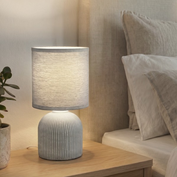 Nachttischlampe E14 Stoffschirm Tischlampe Kabelschalter Keramik Grau 28Cm-image