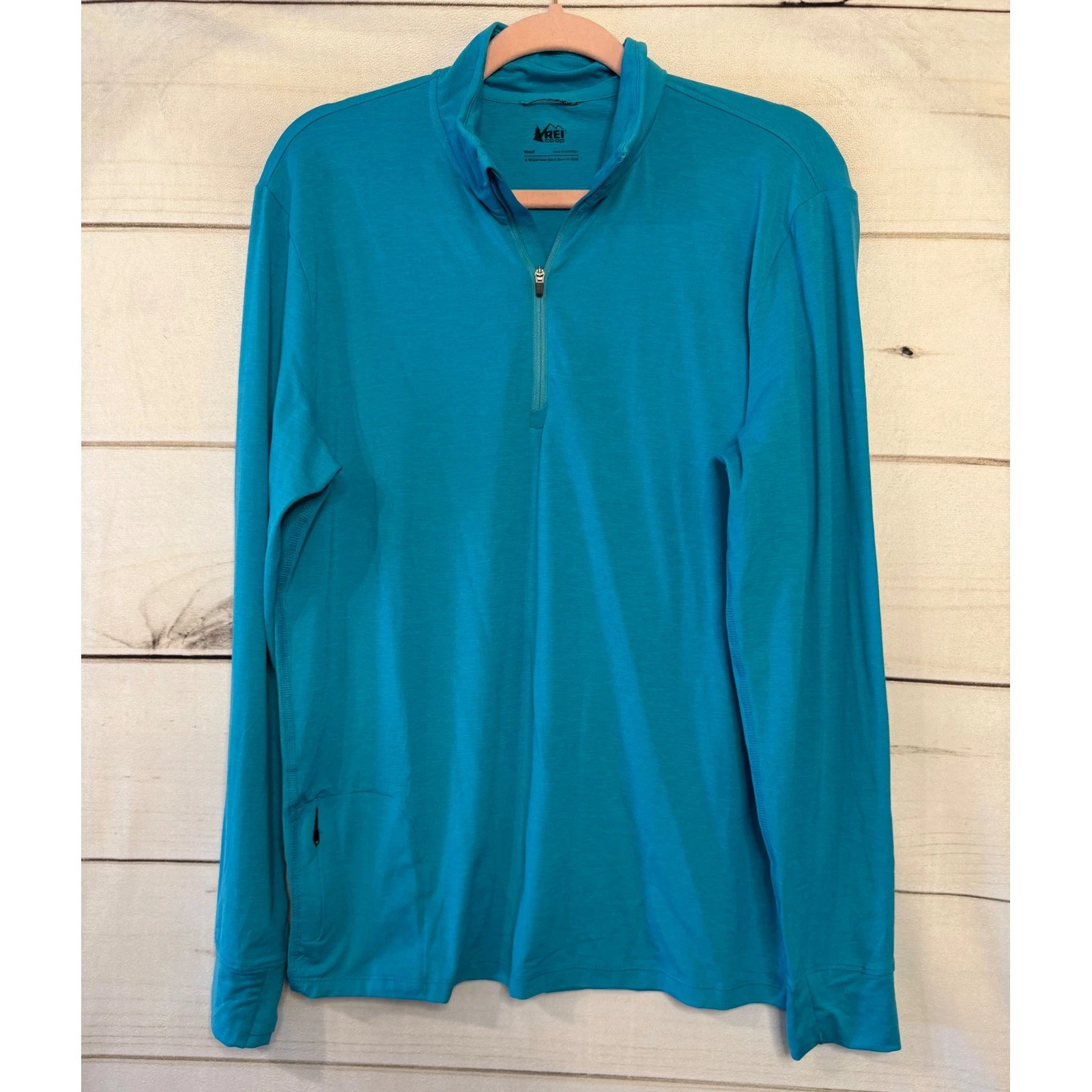 REI Co Op Quarter Zip Long Sleeve Shirt Teal Blue Mens Small Polyester Spandex