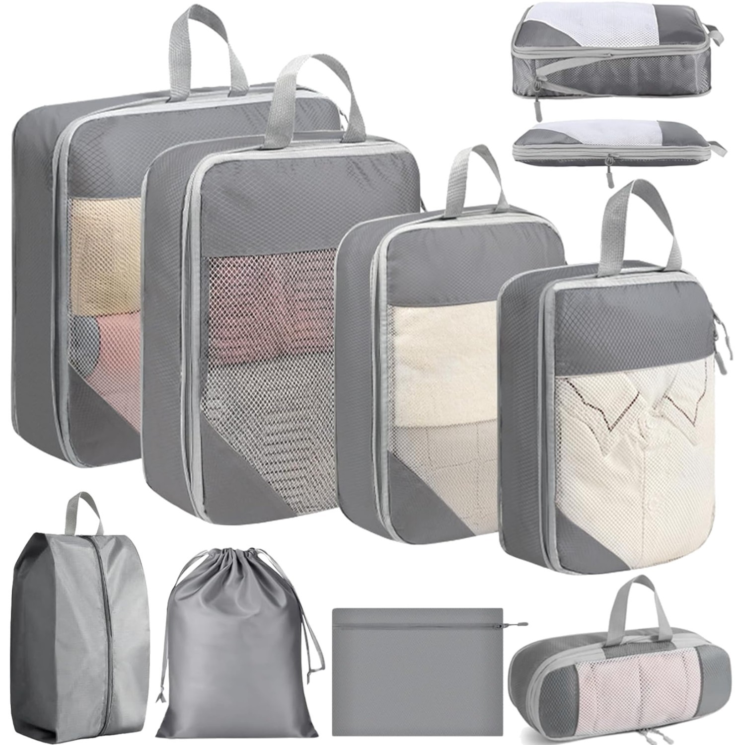 Organiseur Valise Compression 8pcs : Set de Sacs de Rangement Voyage en Nylon Gris