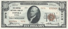 Unc 1929 Central National Bank of Topeka, Kansas $10 Type 2 National Currency