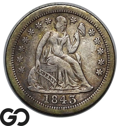 1843-O Seated Liberty Dime, Rare Low Mintage Key Date, Choice XF
