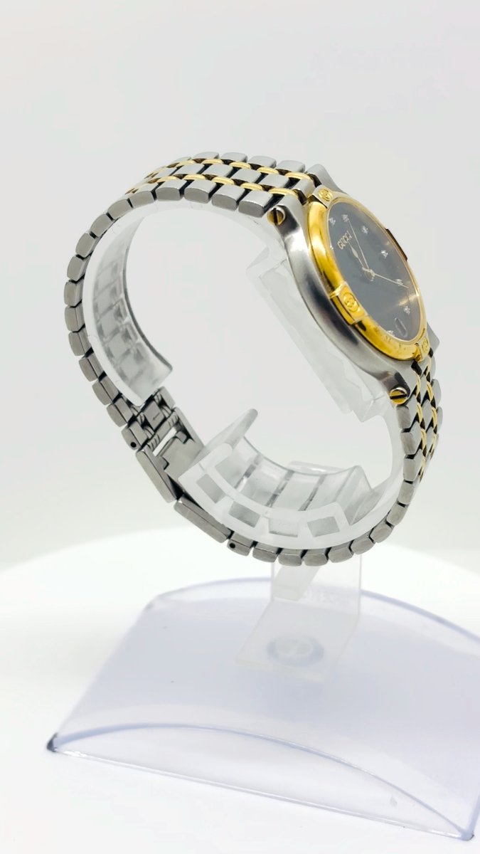 Exc+5 w/Box ] GUCCI 9000M Black Dial 11P Diamond 3 ATM Men Watch