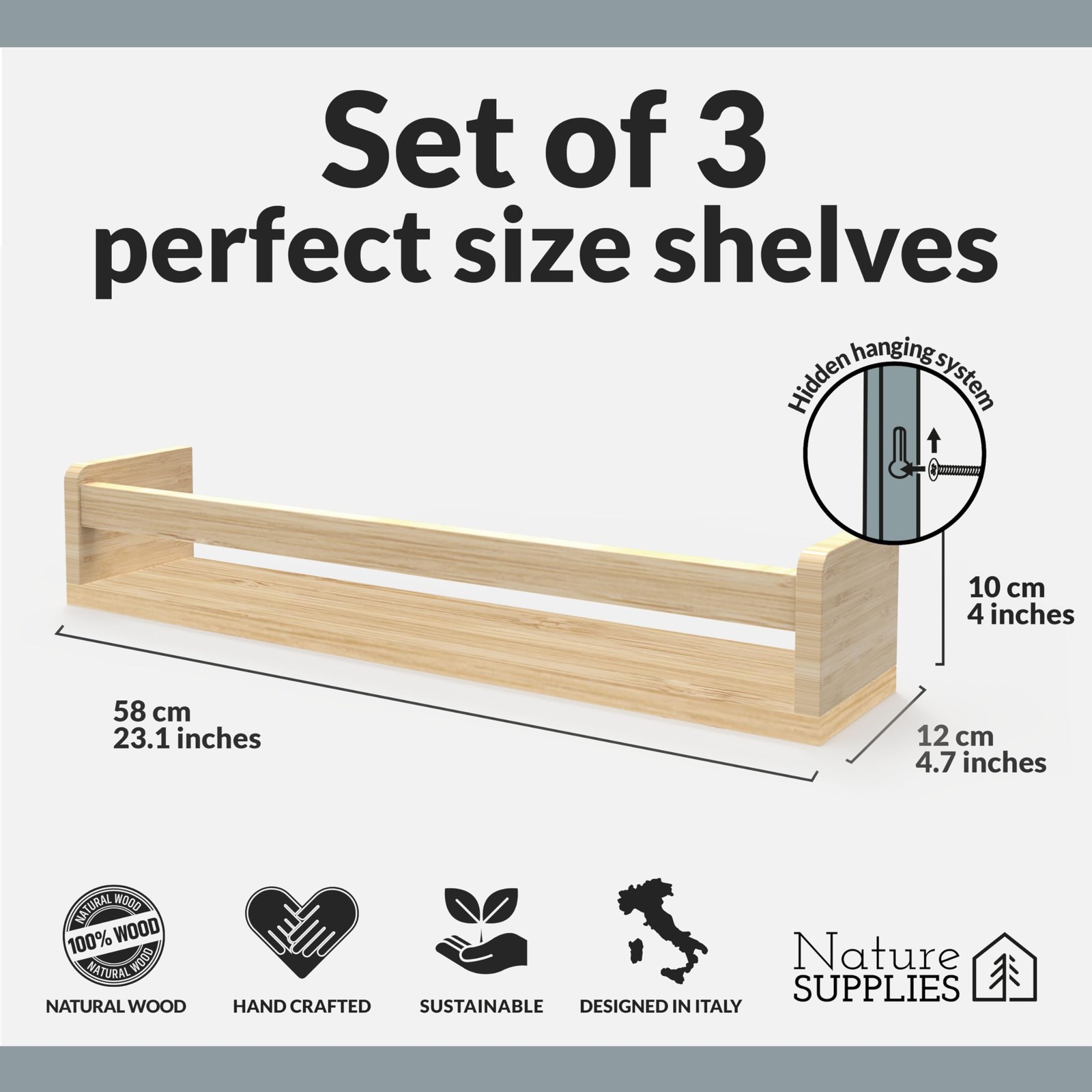 Set of 3, 23.1 Inches, Natural Wood Floating Shelves for Wall, Kids Bookshelf...